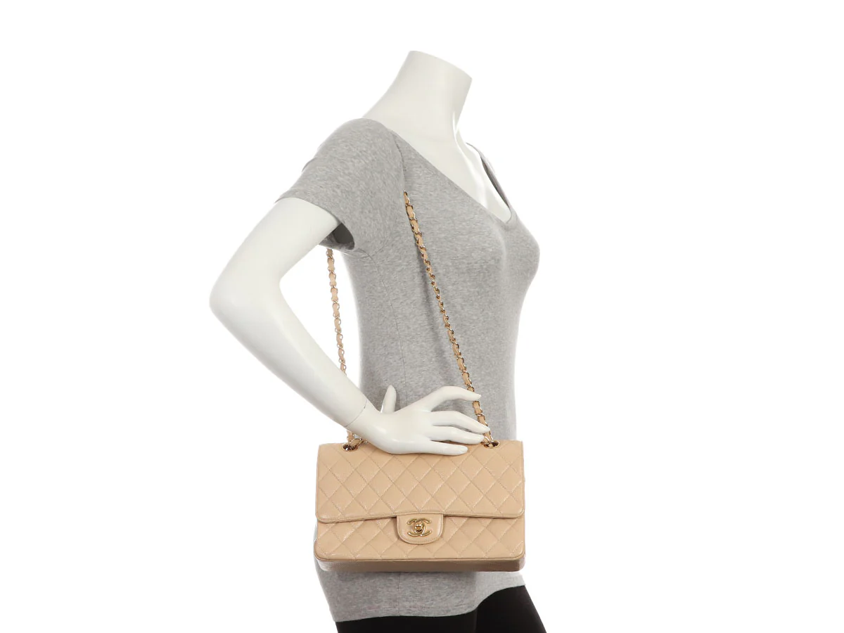 Chanel Medium/Large Light Beige Quilted Caviar Classic Double Flap - Image 10