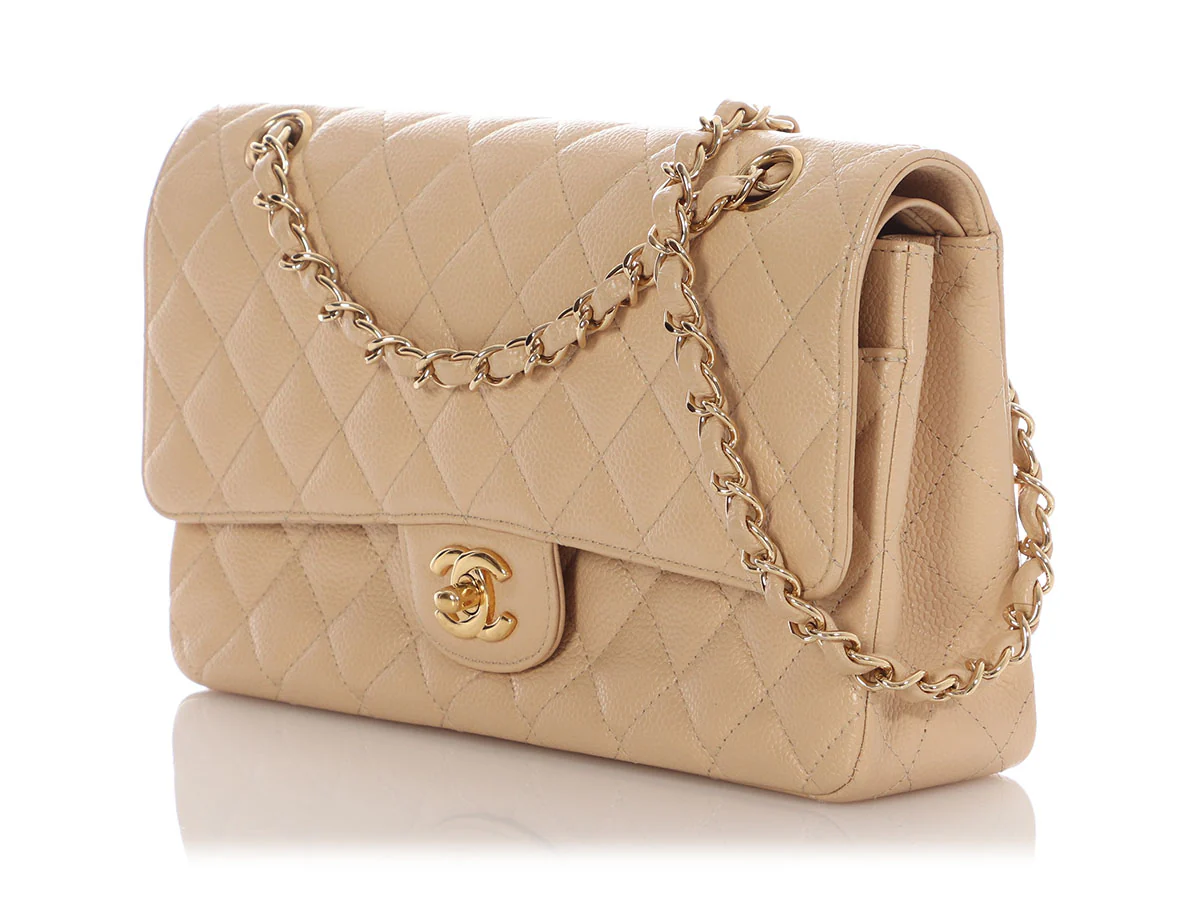 Chanel Medium/Large Light Beige Quilted Caviar Classic Double Flap - Image 3