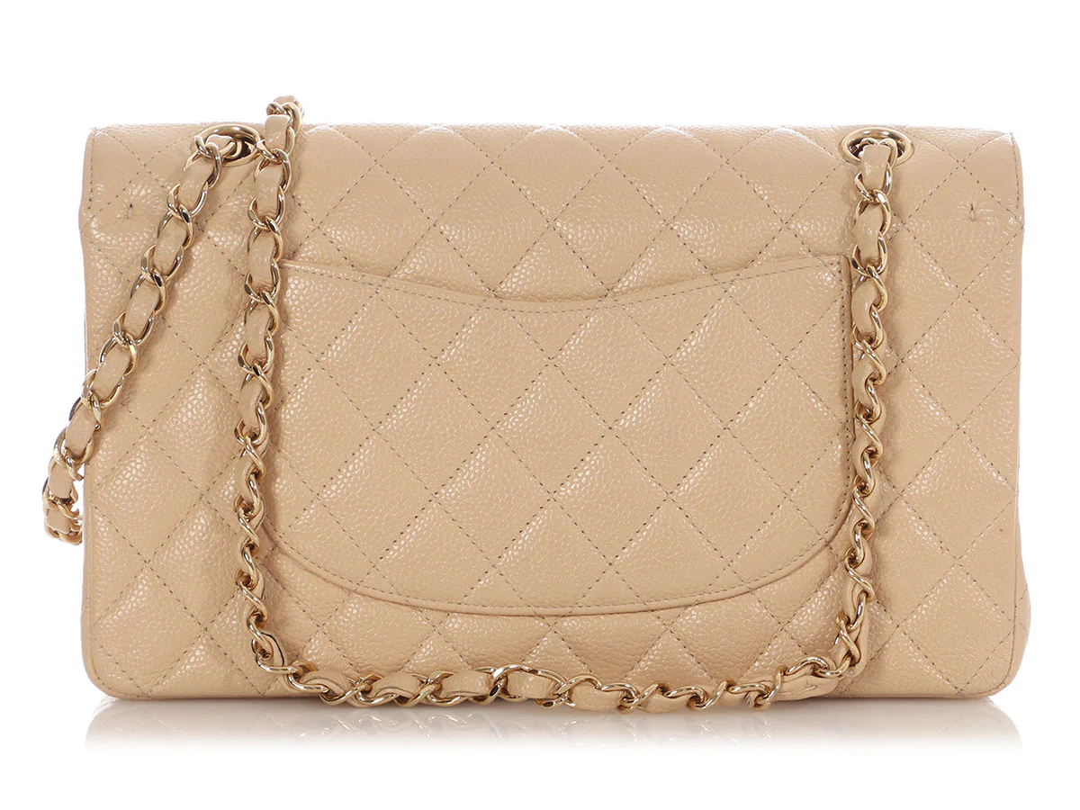 Chanel Medium/Large Light Beige Quilted Caviar Classic Double Flap - Image 4