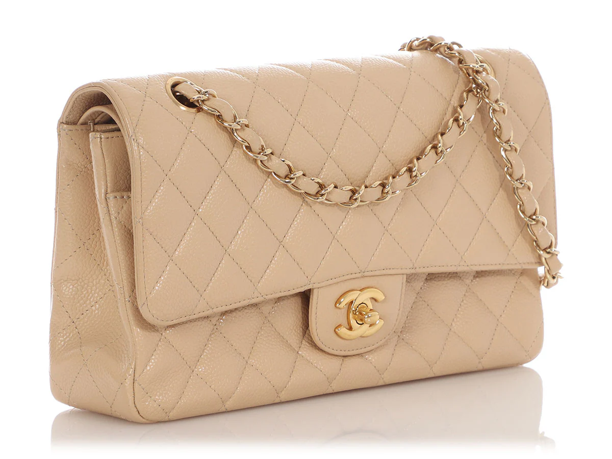Chanel Medium/Large Light Beige Quilted Caviar Classic Double Flap - Image 5