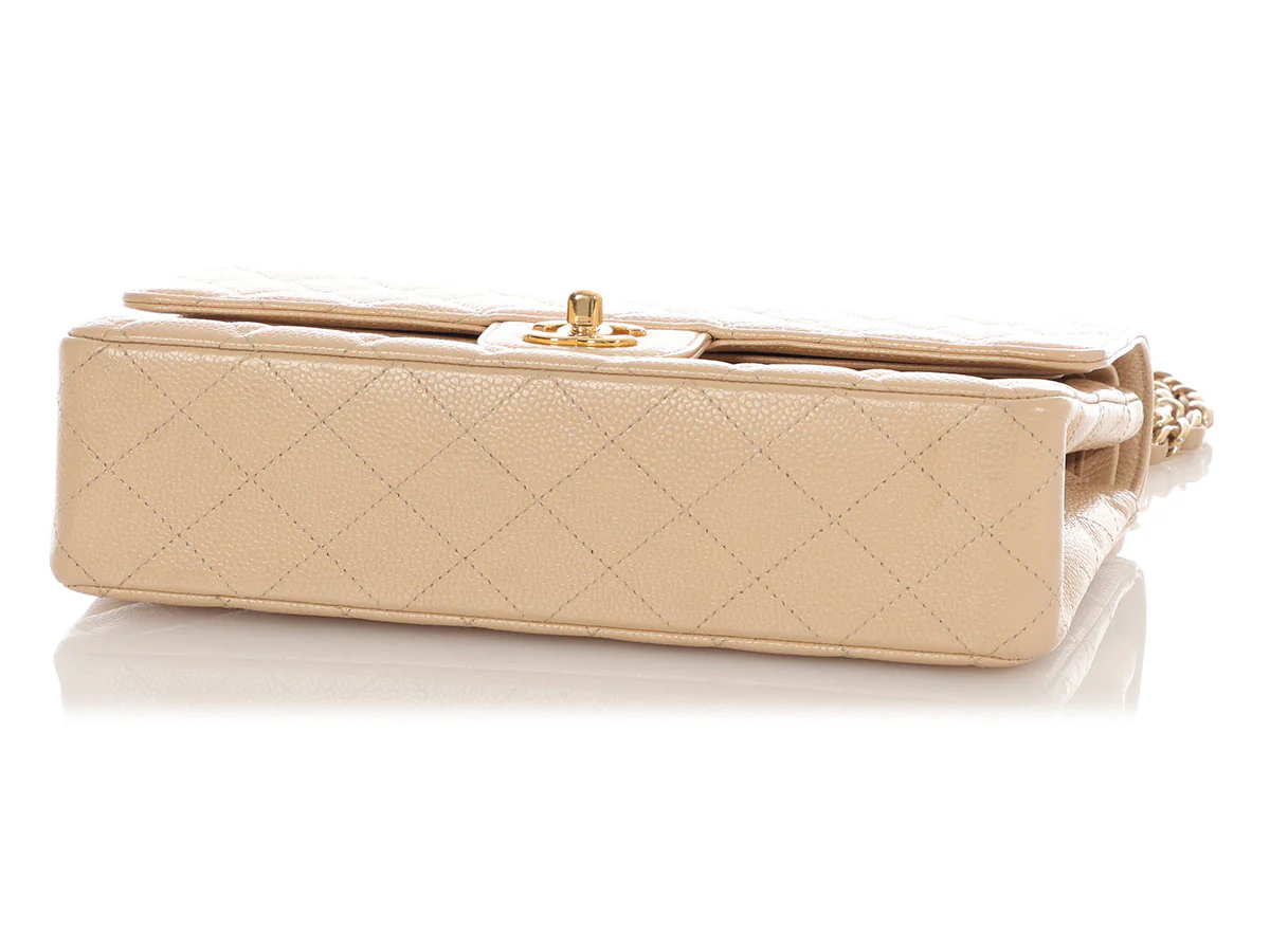 Chanel Medium/Large Light Beige Quilted Caviar Classic Double Flap - Image 6