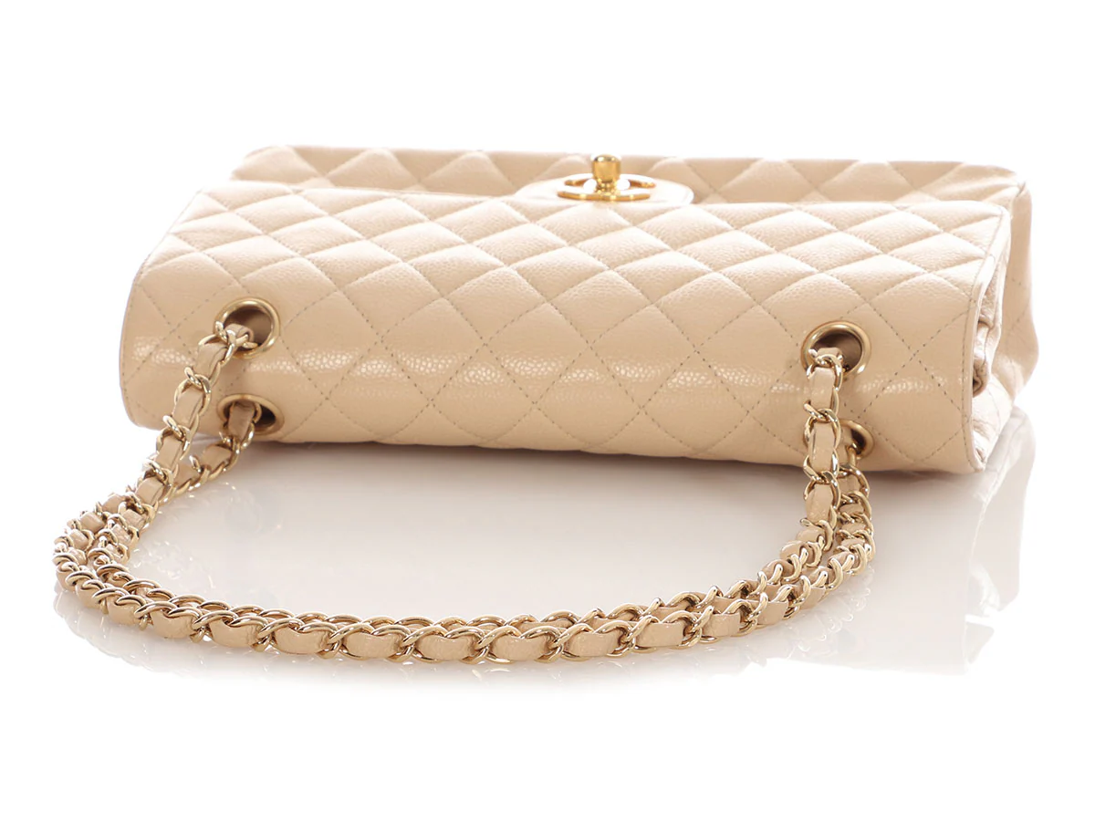 Chanel Medium/Large Light Beige Quilted Caviar Classic Double Flap - Image 7