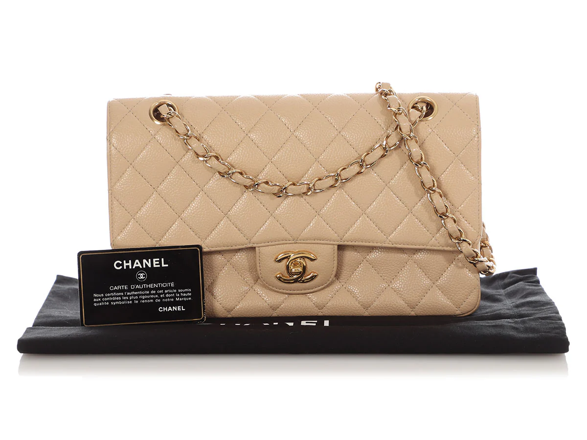 Chanel Medium/Large Light Beige Quilted Caviar Classic Double Flap - Image 8
