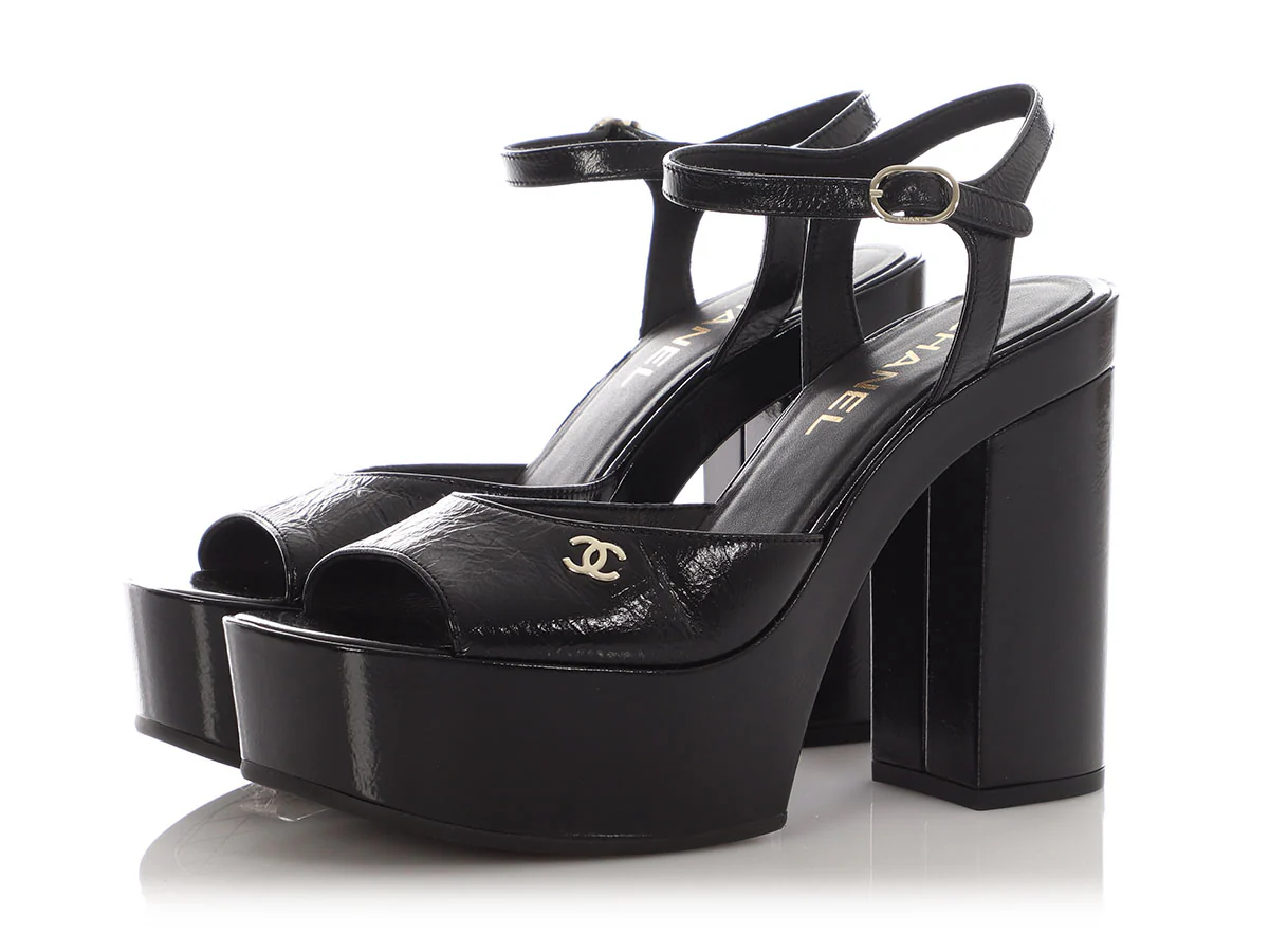 Chanel Black Patent Platform Sandals - Image 3