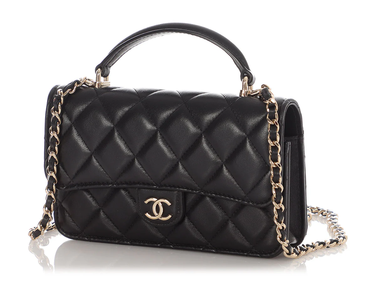 Chanel Mini Black Quilted Lambskin Top Handle Phone Holder - Image 4