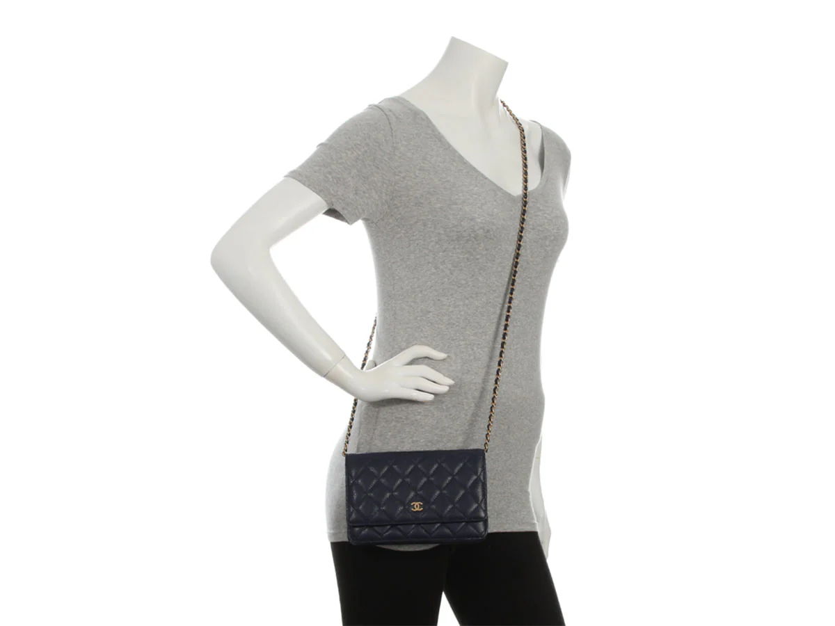Chanel Dark Blue Quilted Caviar Wallet on Chain - Image 10