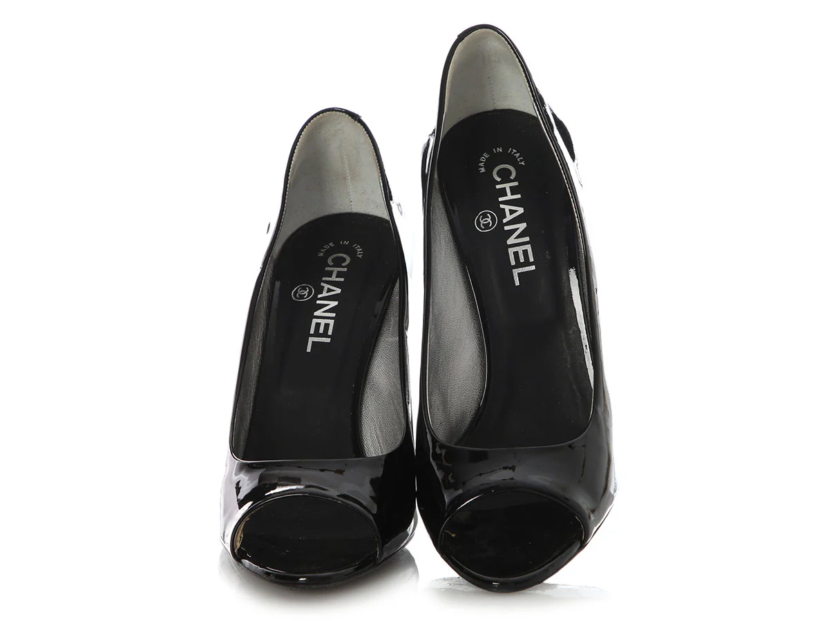 Chanel Black Patent Peep-Toe Pumps - Image 2