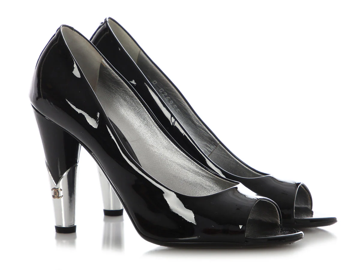 Chanel Black Patent Peep-Toe Pumps - Image 5