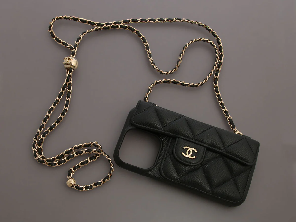 Chanel Black Quilted Caviar iPhone 16 Pro Phone Case on Chain - Image 2