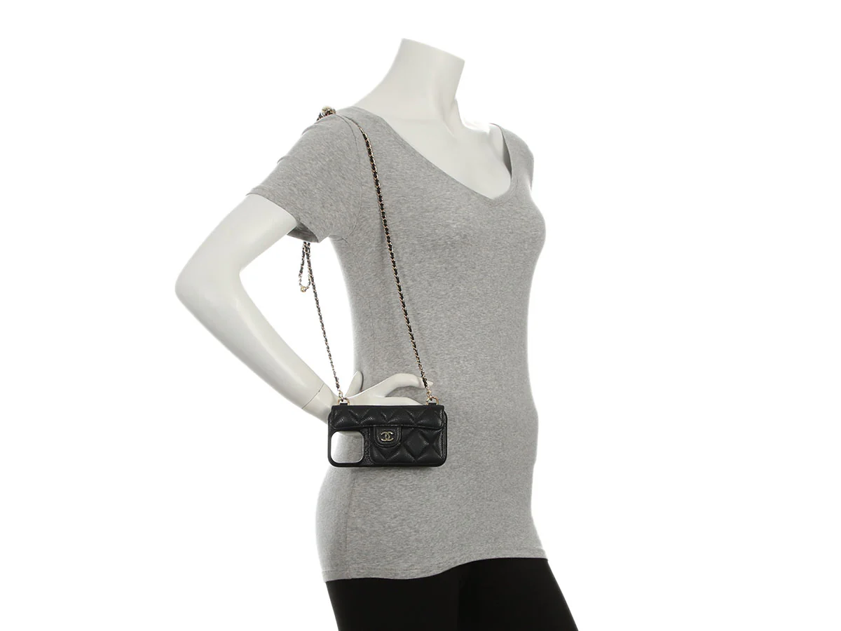Chanel Black Quilted Caviar iPhone 16 Pro Phone Case on Chain - Image 5