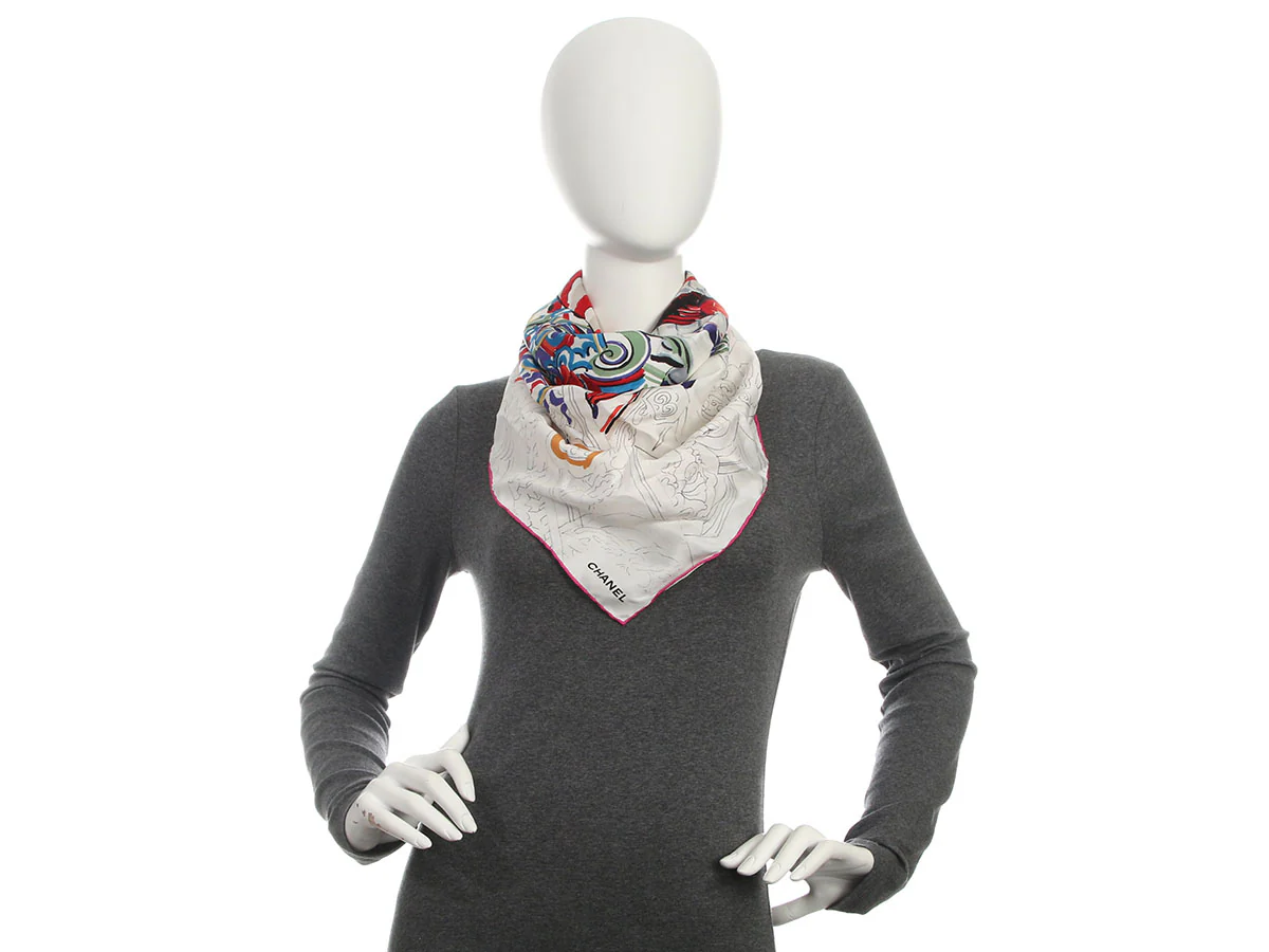 Chanel White and Multicolor Dragon Silk Scarf - Image 5
