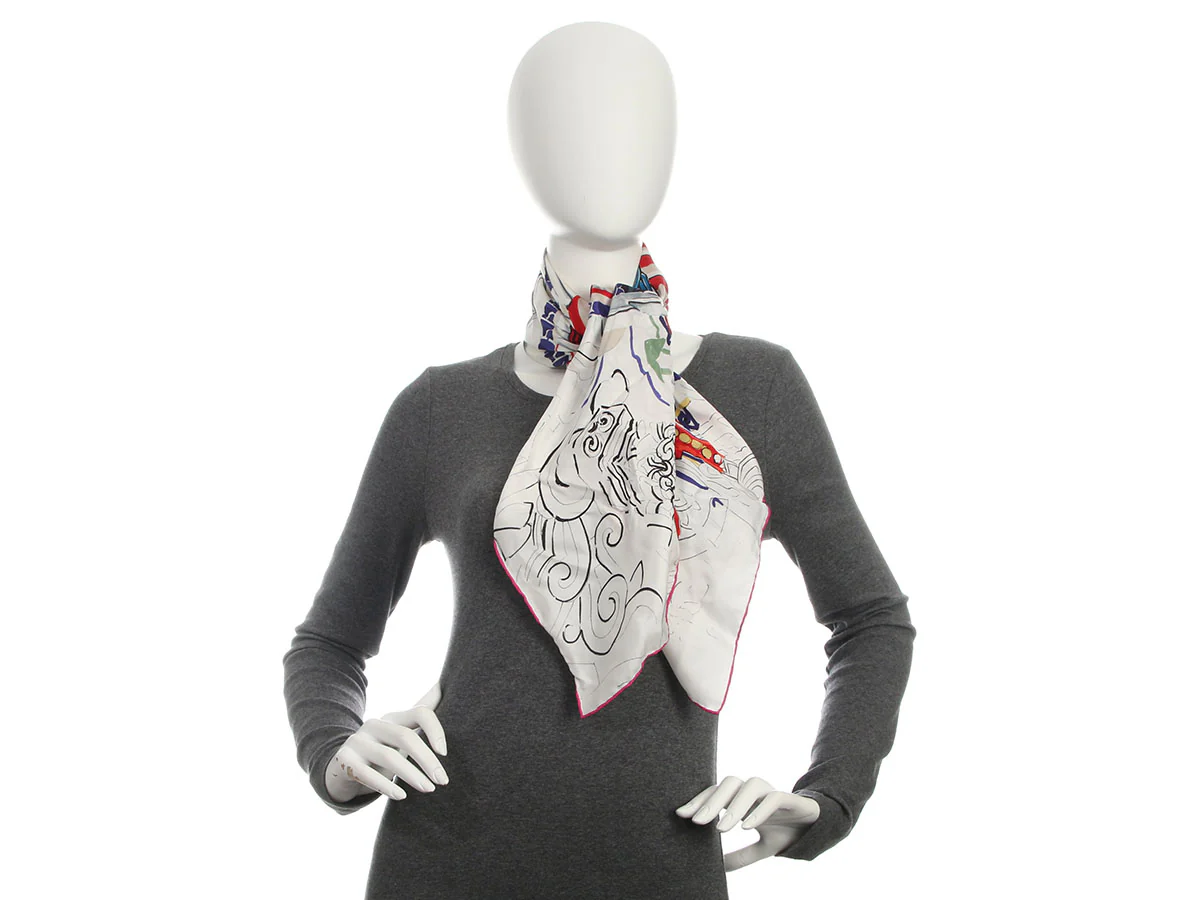 Chanel White and Multicolor Dragon Silk Scarf - Image 6
