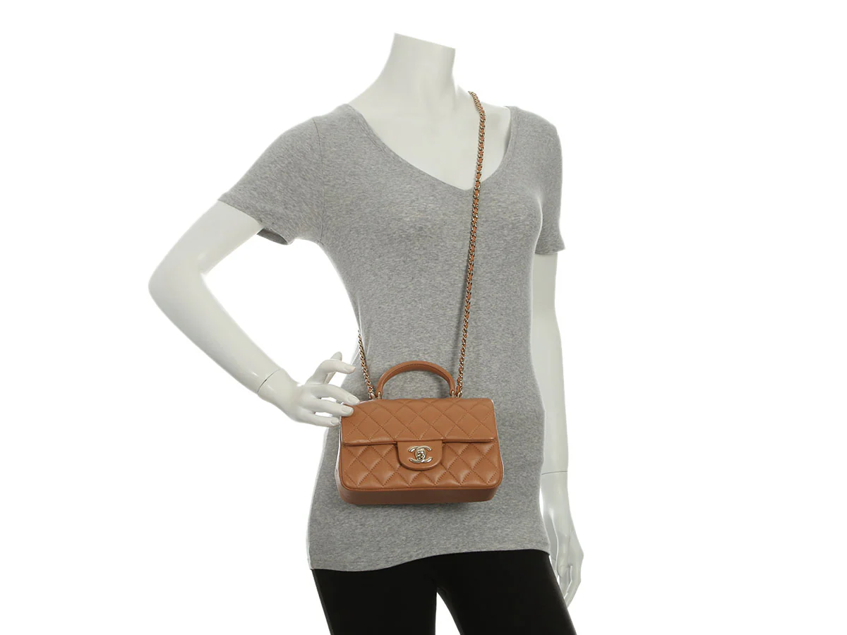 Chanel Mini Caramel Quilted Lambskin Top Handle - Image 9