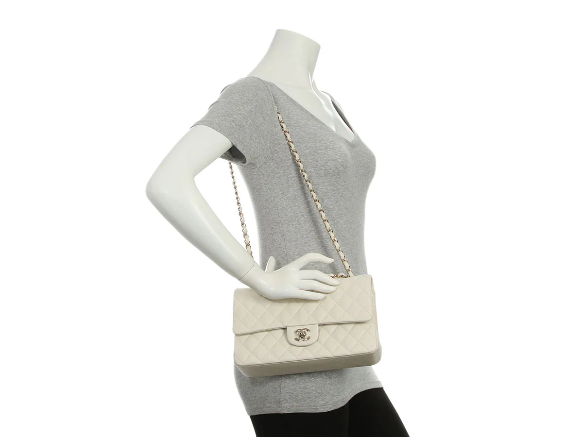 Chanel Medium/Large White Quilted Shiny Caviar Classic Double Flap - Image 10