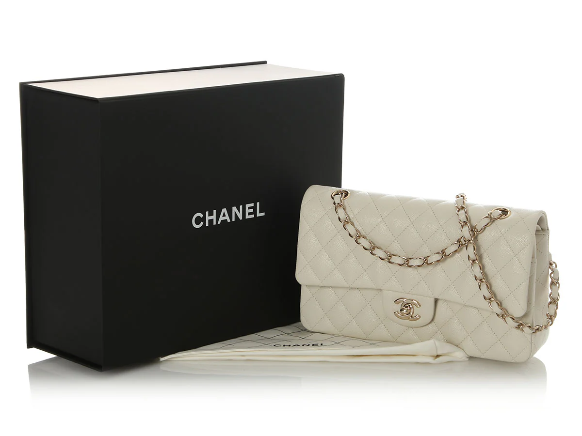 Chanel Medium/Large White Quilted Shiny Caviar Classic Double Flap - Image 2