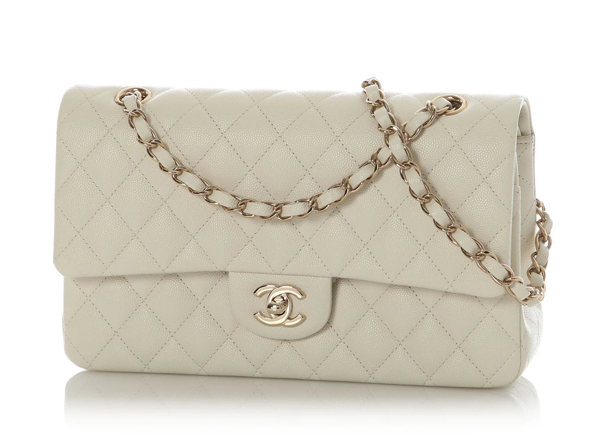 Chanel Medium/Large White Quilted Shiny Caviar Classic Double Flap - Image 3