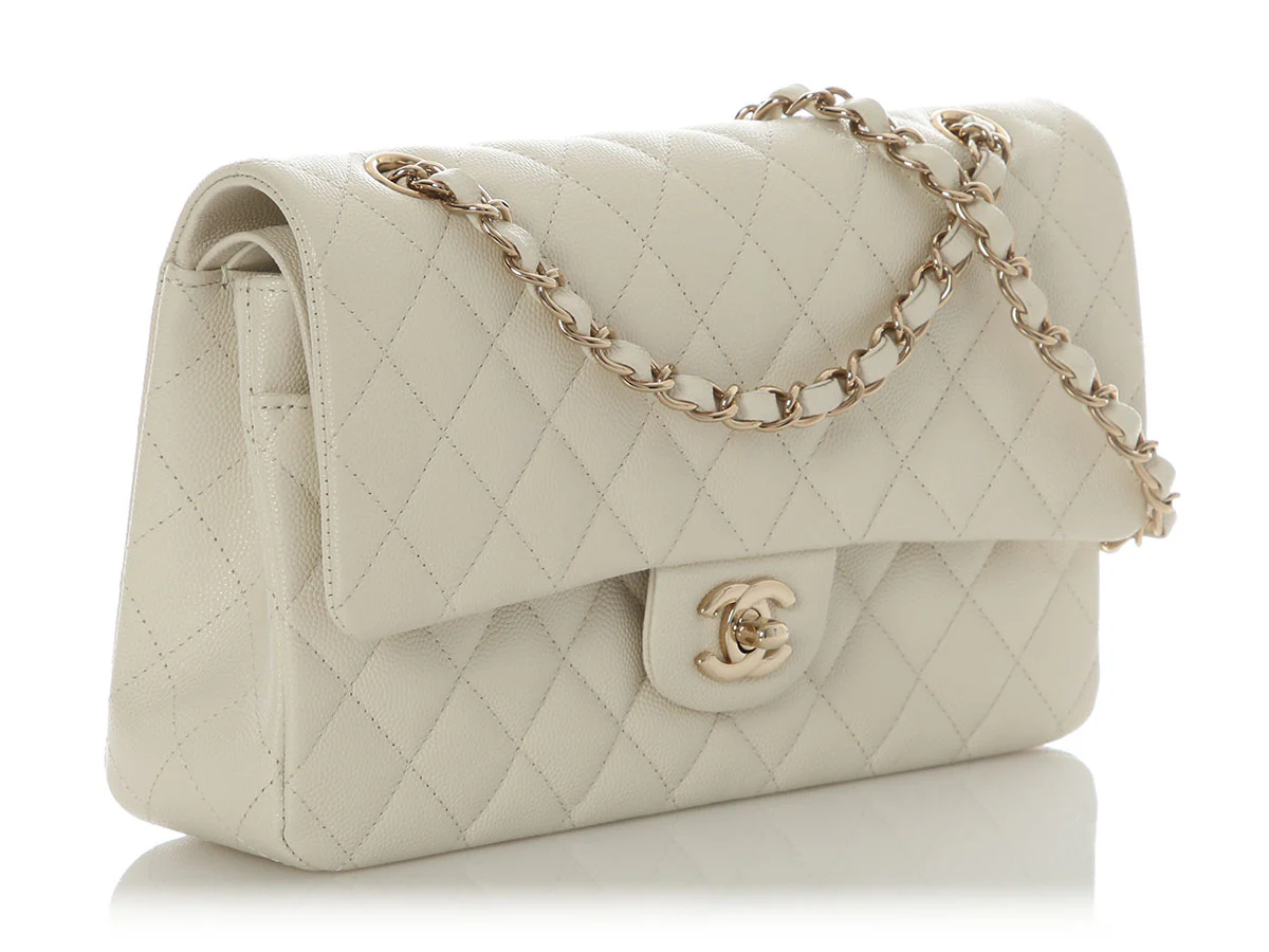 Chanel Medium/Large White Quilted Shiny Caviar Classic Double Flap - Image 6