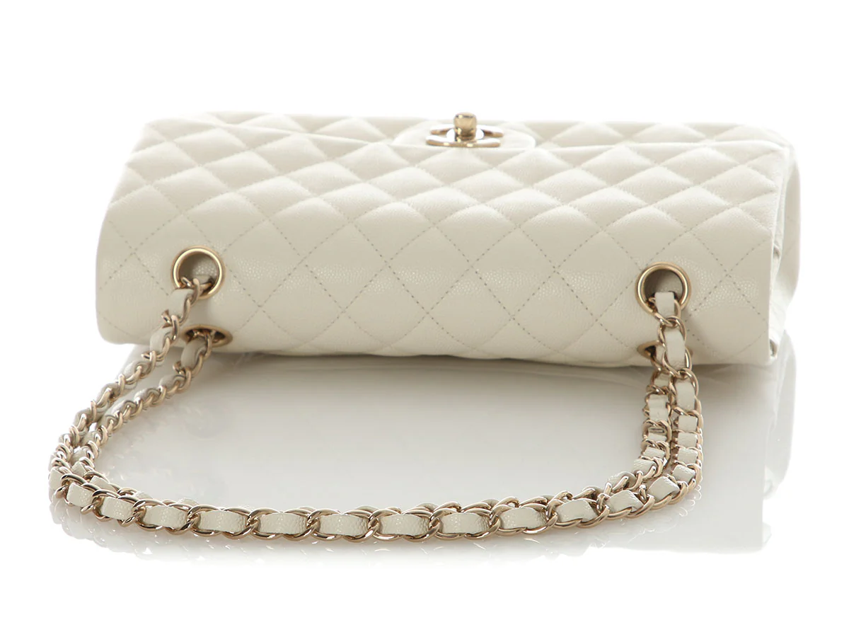 Chanel Medium/Large White Quilted Shiny Caviar Classic Double Flap - Image 8