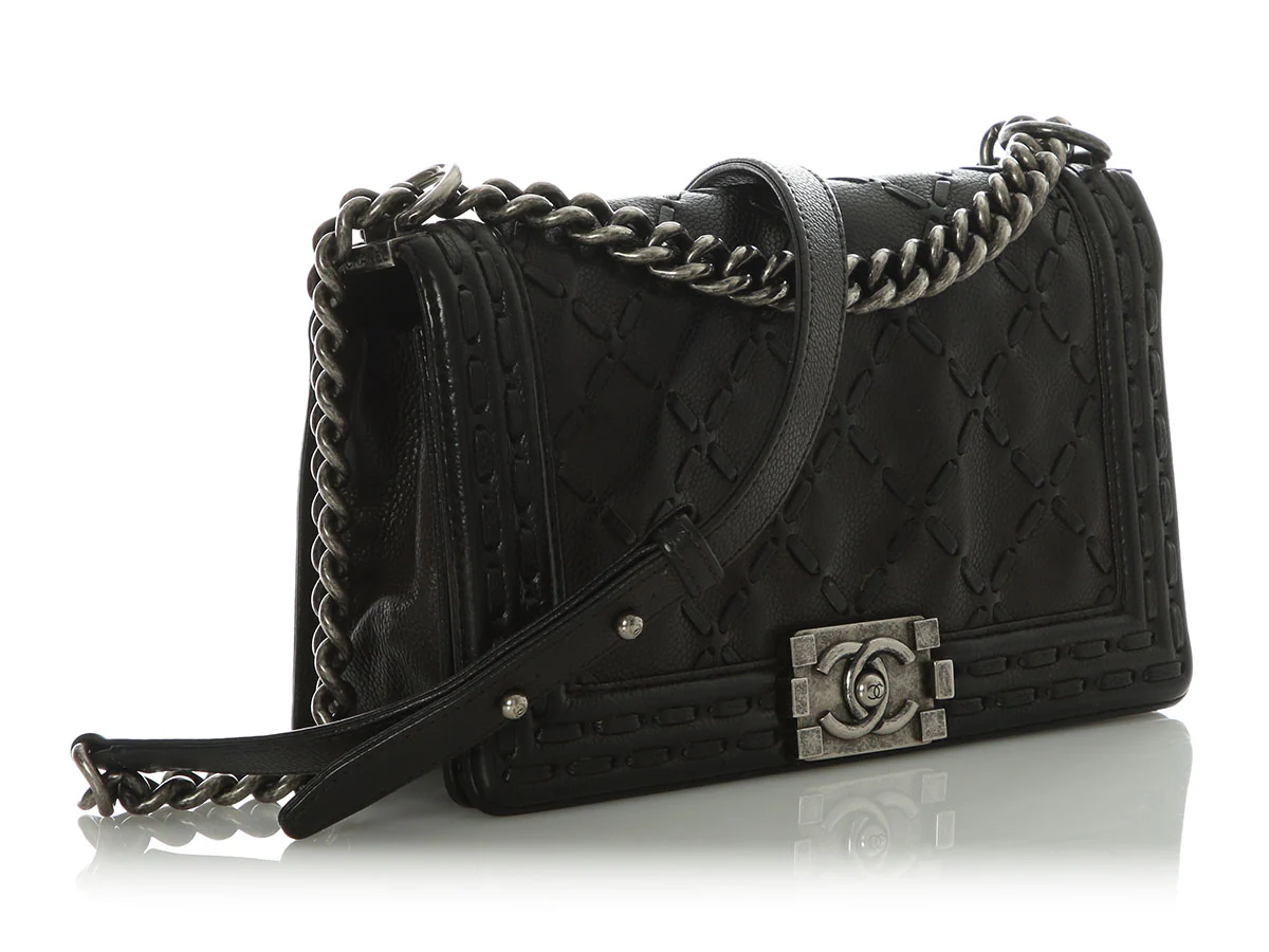 Chanel Old Medium Black Whipstitch Quilted Calfskin Boy Bag - Image 6