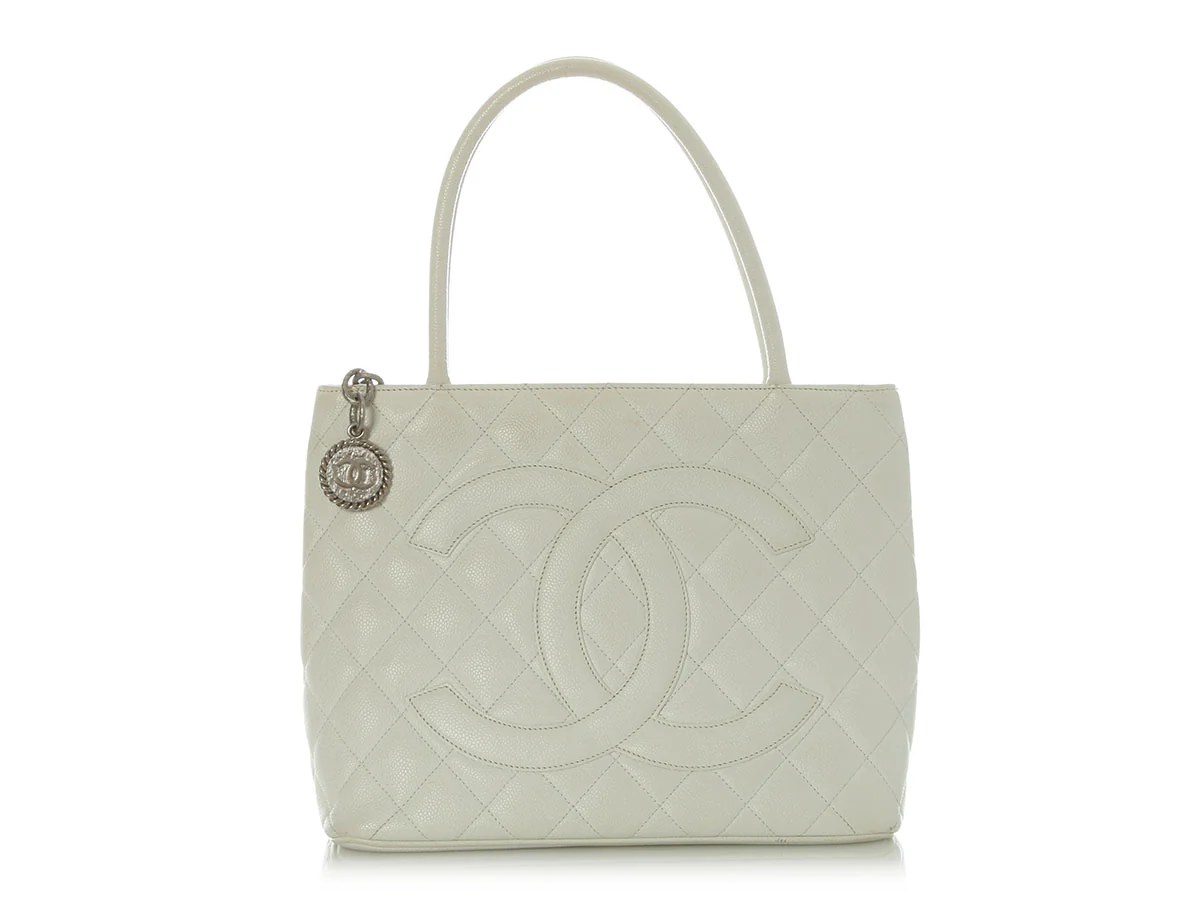 Chanel White Quilted Caviar Medallion Tote