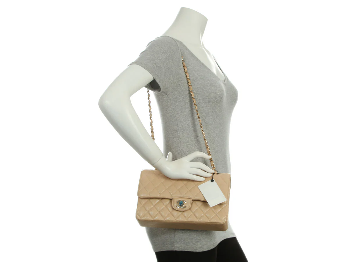 Chanel Medium/Large Iridescent Beige Quilted Caviar Classic Double Flap - Image 10