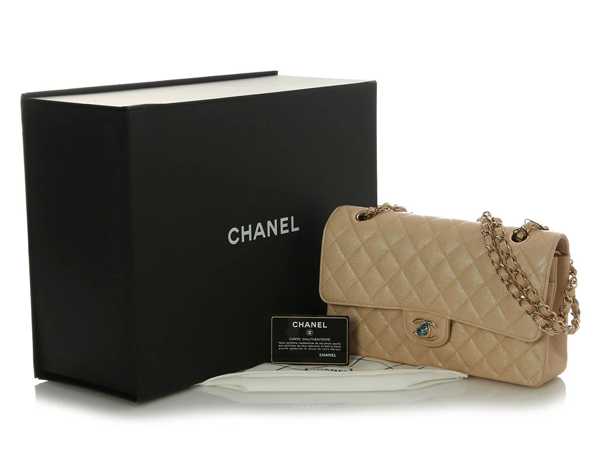Chanel Medium/Large Iridescent Beige Quilted Caviar Classic Double Flap - Image 2