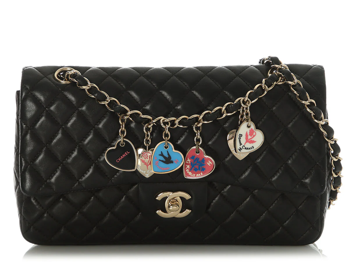 Chanel Medium Black Quilted Lambskin Valentine Charm Flap