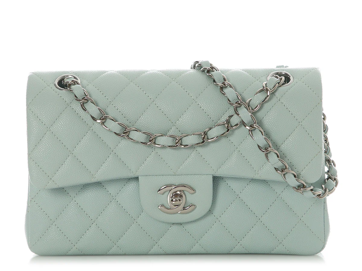 Chanel Small Pale Light Blue Quilted Caviar Classic Double Flap