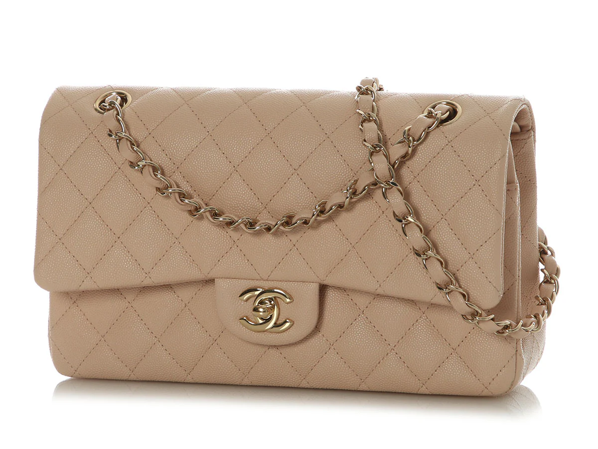 Chanel Medium/Large Beige Quilted Caviar Classic Double Flap - Image 3