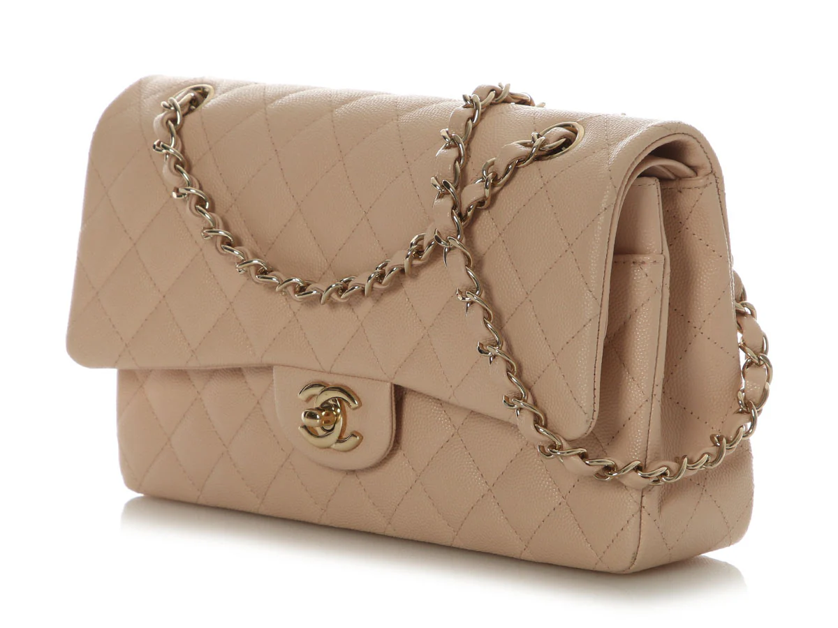 Chanel Medium/Large Beige Quilted Caviar Classic Double Flap - Image 4
