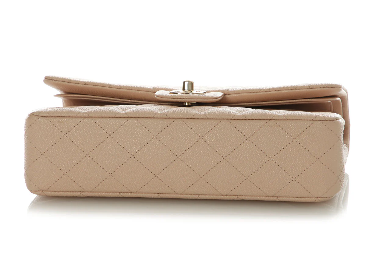 Chanel Medium/Large Beige Quilted Caviar Classic Double Flap - Image 7