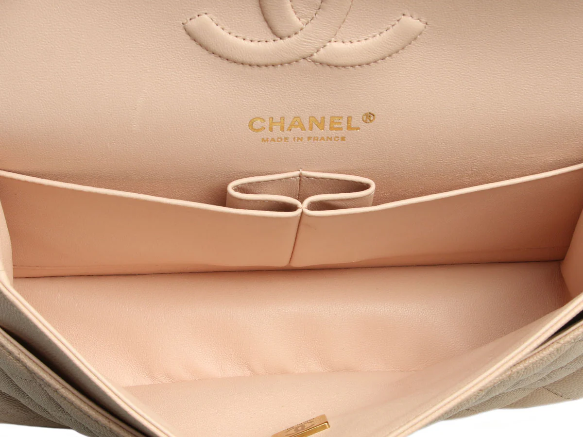 Chanel Medium/Large Beige Quilted Caviar Classic Double Flap - Image 9