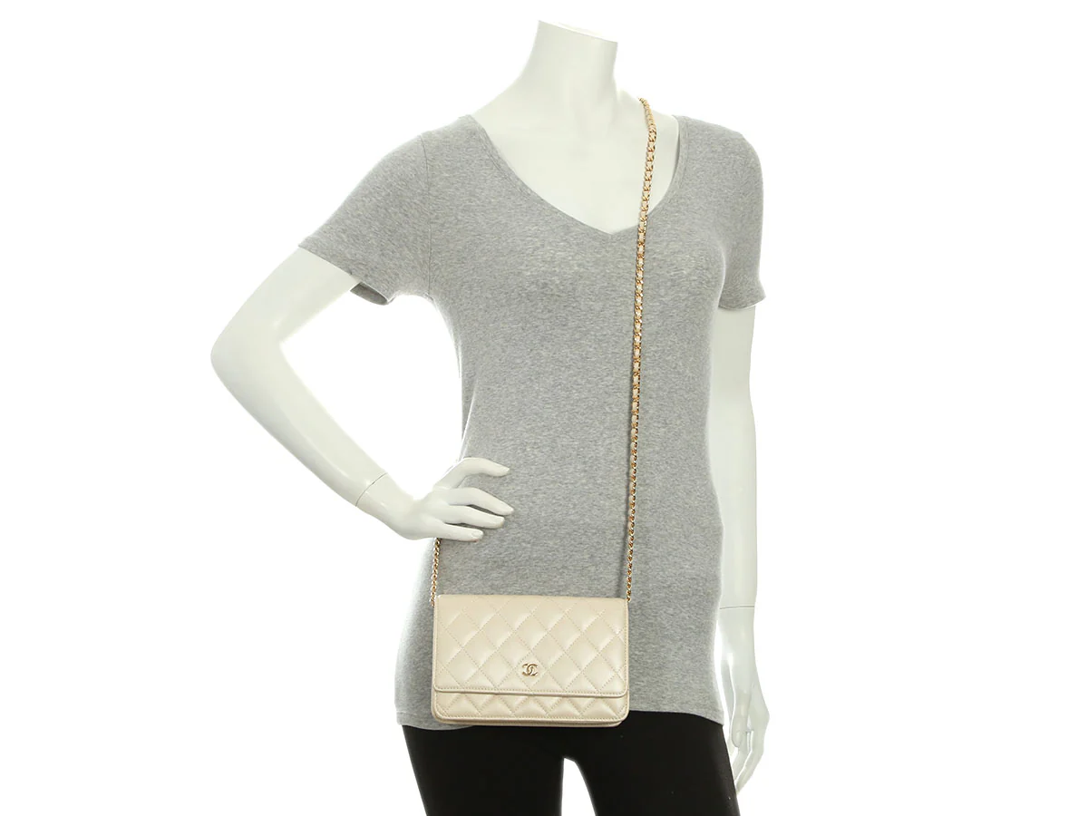 Chanel Beige Quilted Lambskin Wallet on Chain WOC - Image 10