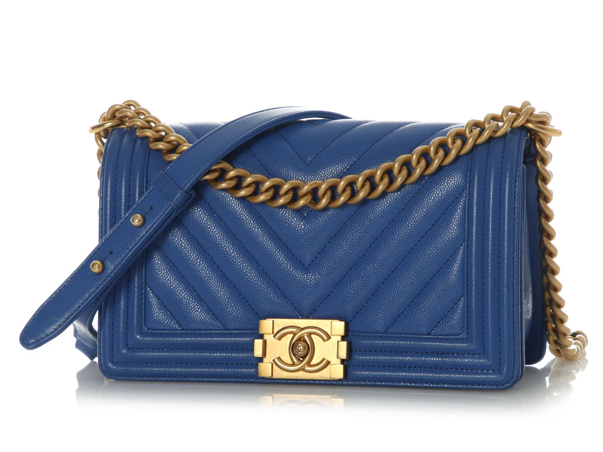 Chanel Old Medium Cobalt Blue Chevron-Quilted Caviar Boy Bag - Image 3