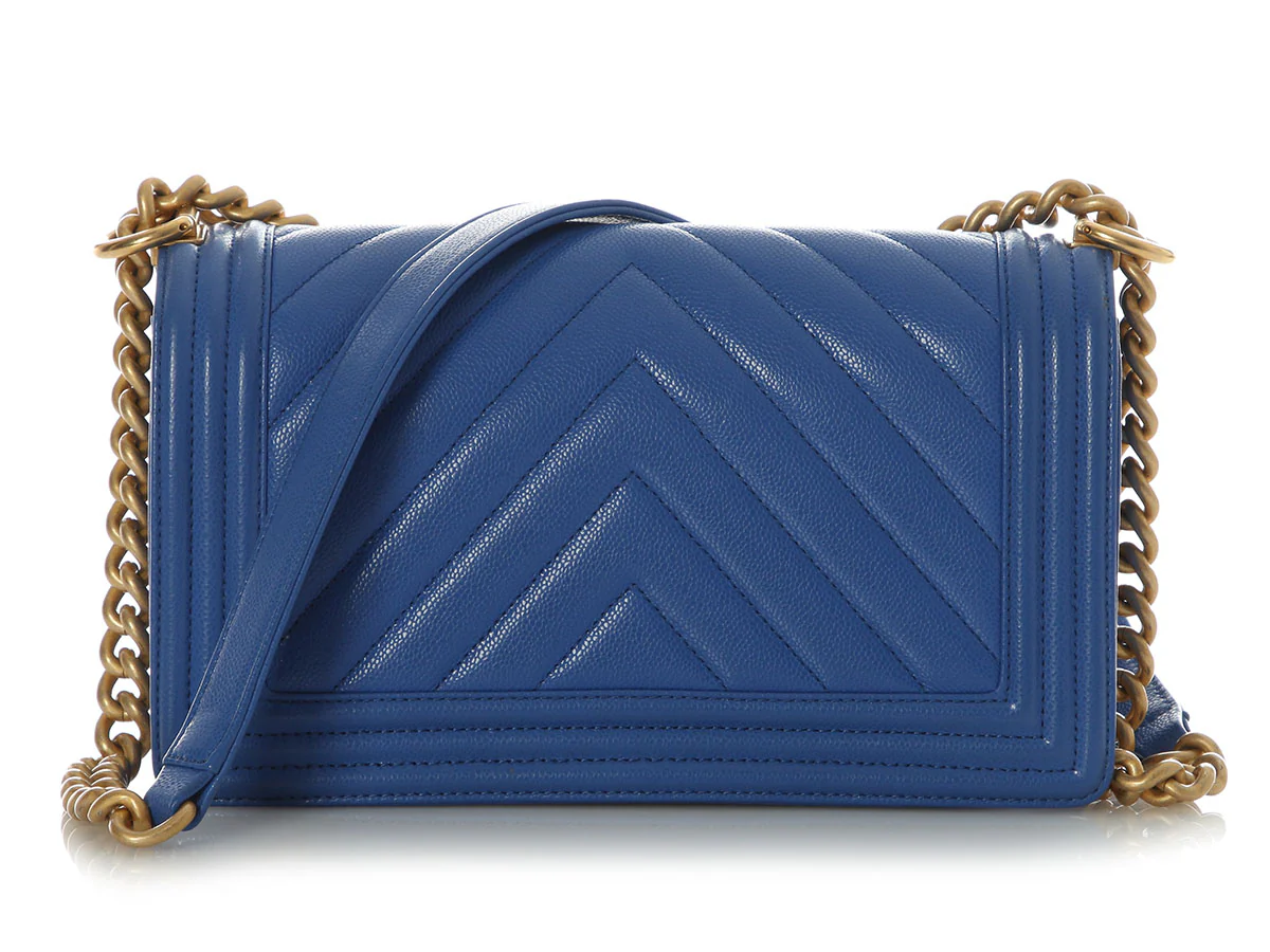 Chanel Old Medium Cobalt Blue Chevron-Quilted Caviar Boy Bag - Image 5