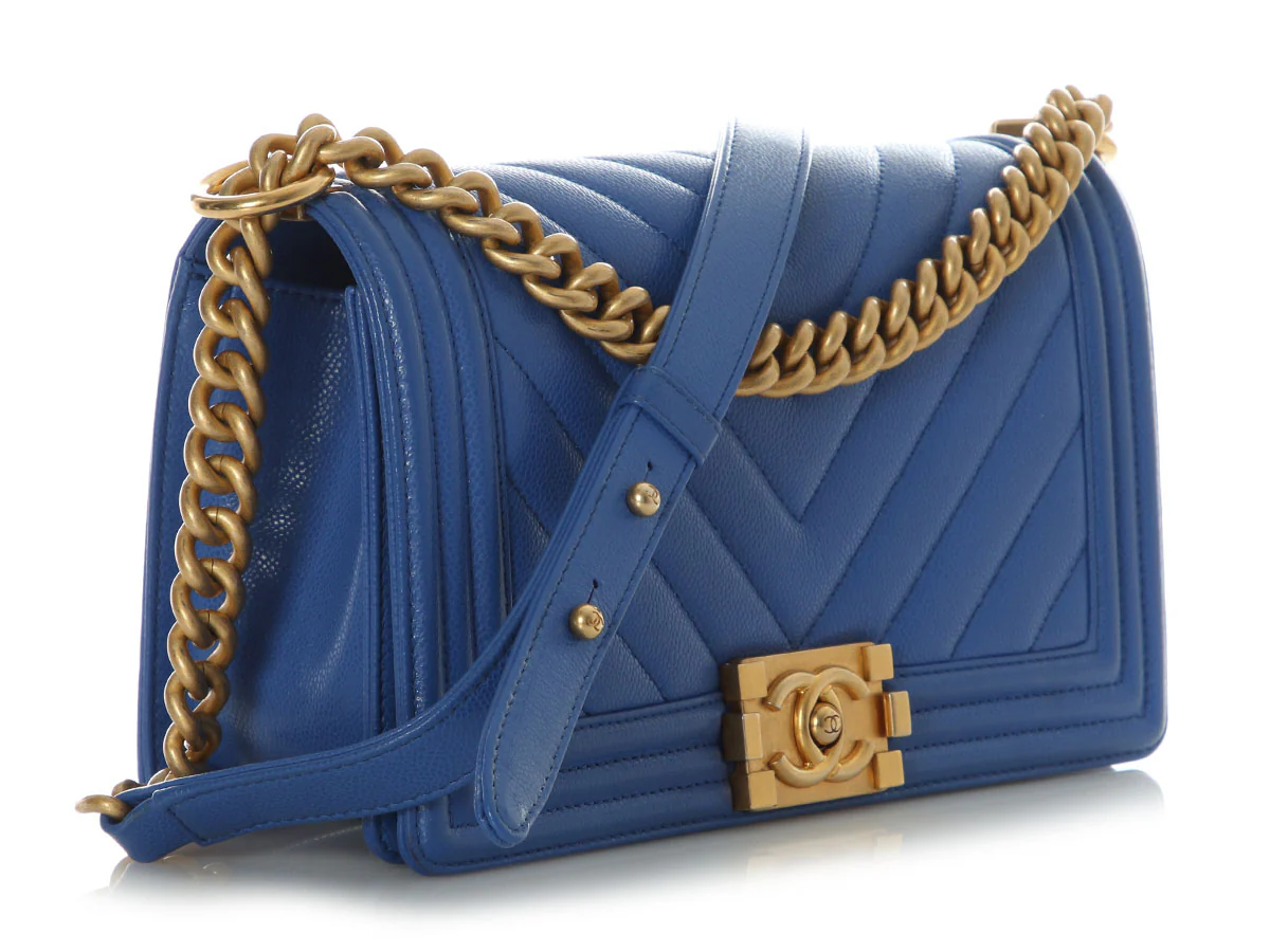 Chanel Old Medium Cobalt Blue Chevron-Quilted Caviar Boy Bag - Image 6