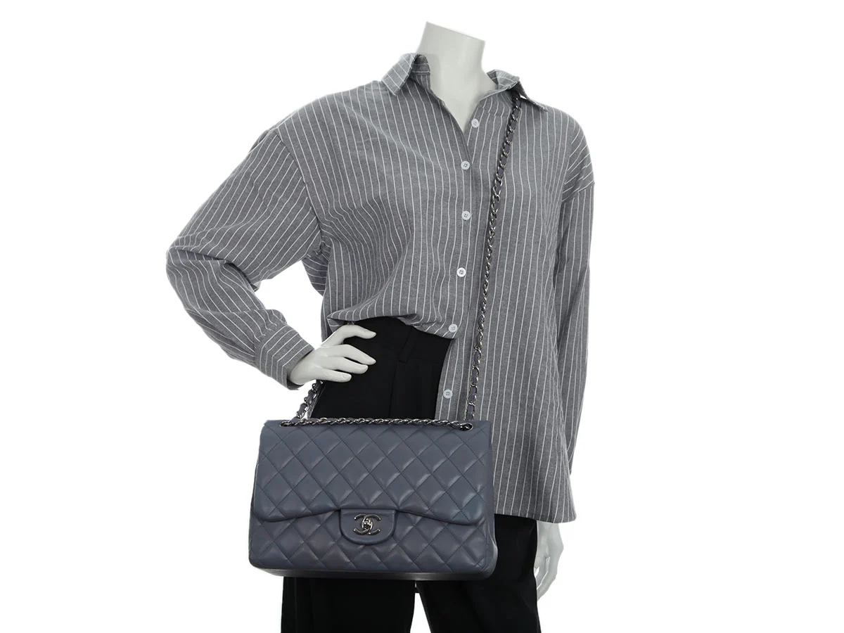 Chanel Jumbo Blue/Gray Quilted Lambskin Classic Double Flap - Image 10