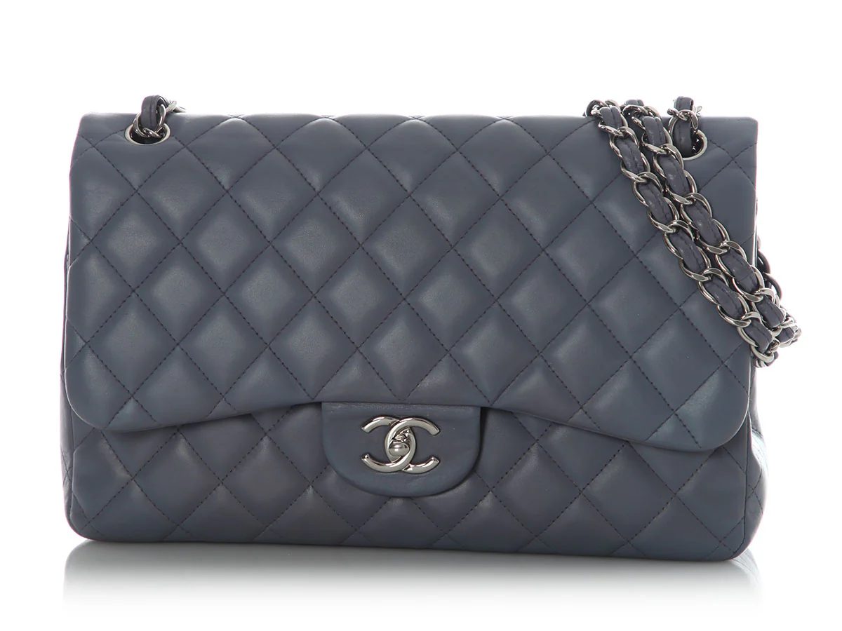 Chanel Jumbo Blue/Gray Quilted Lambskin Classic Double Flap - Image 3