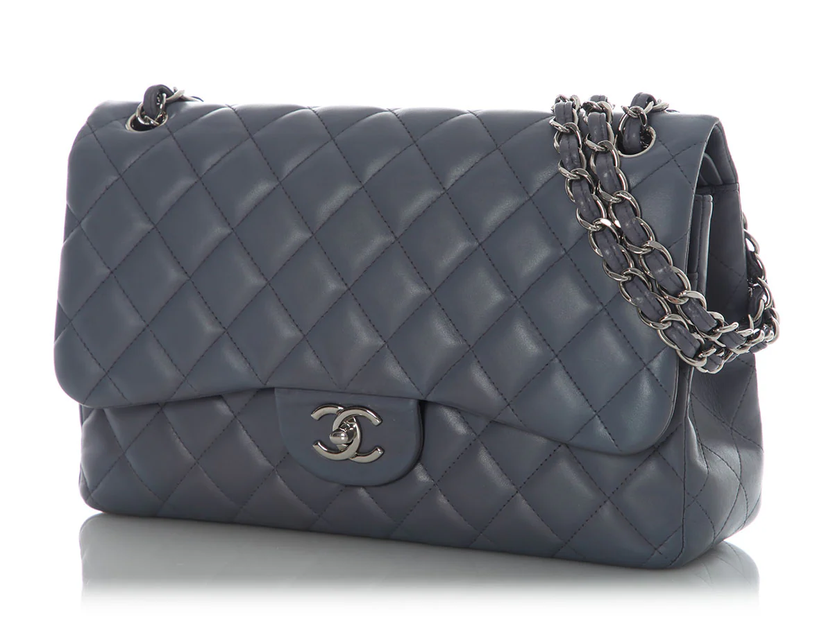 Chanel Jumbo Blue/Gray Quilted Lambskin Classic Double Flap - Image 4