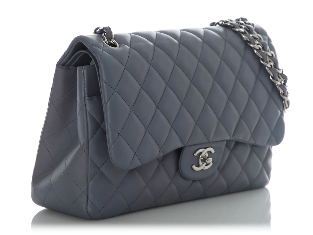 Chanel Jumbo Blue/Gray Quilted Lambskin Classic Double Flap - Image 6