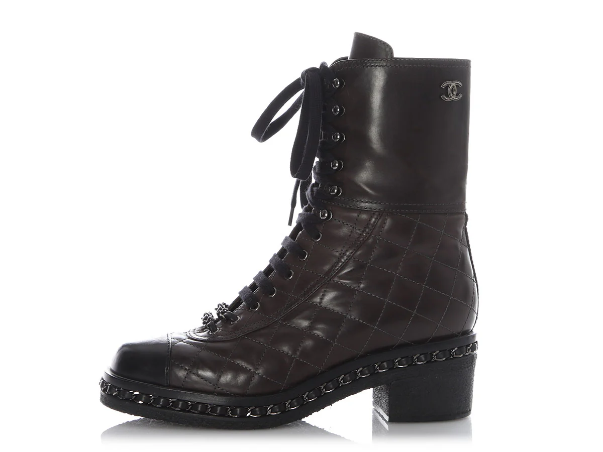 Chanel Dark Gray Diamond Quilted Chain Combat Boots