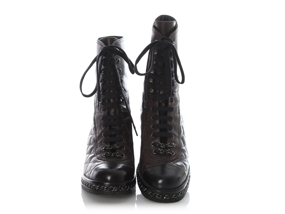 Chanel Dark Gray Diamond Quilted Chain Combat Boots - Image 2