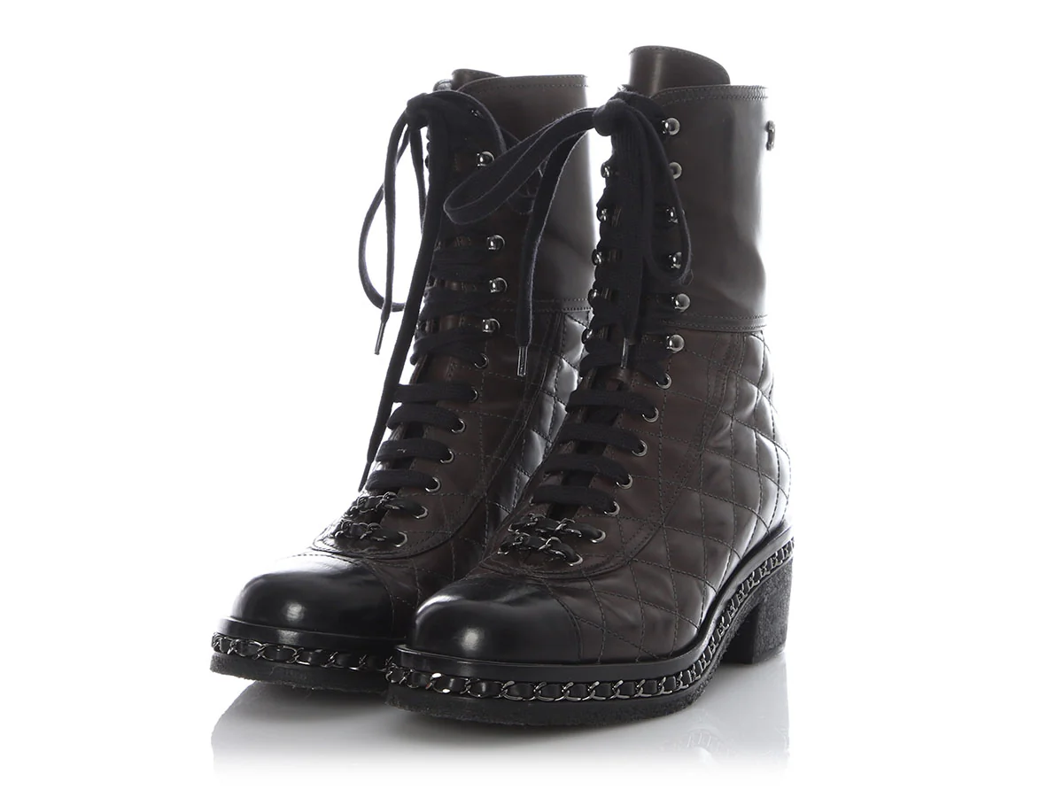 Chanel Dark Gray Diamond Quilted Chain Combat Boots - Image 3