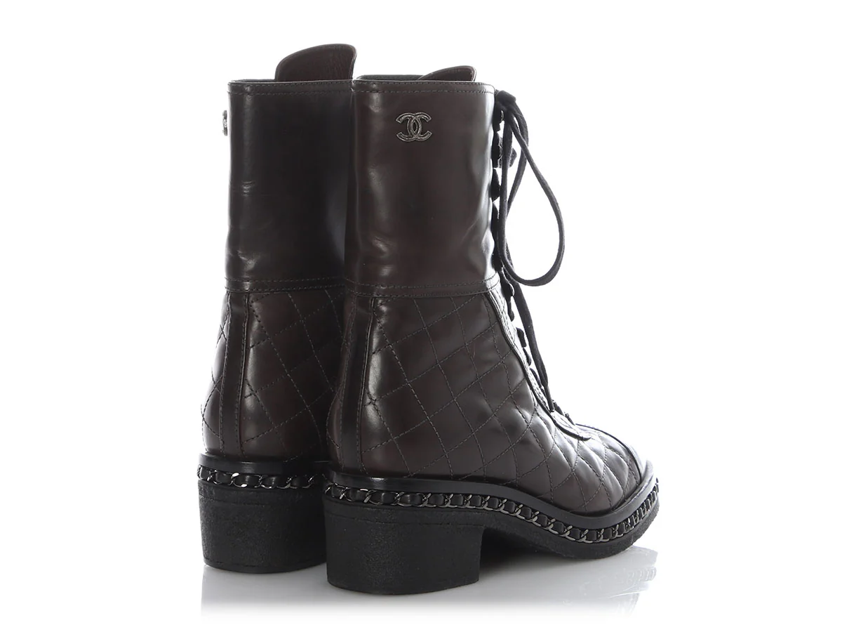 Chanel Dark Gray Diamond Quilted Chain Combat Boots - Image 4