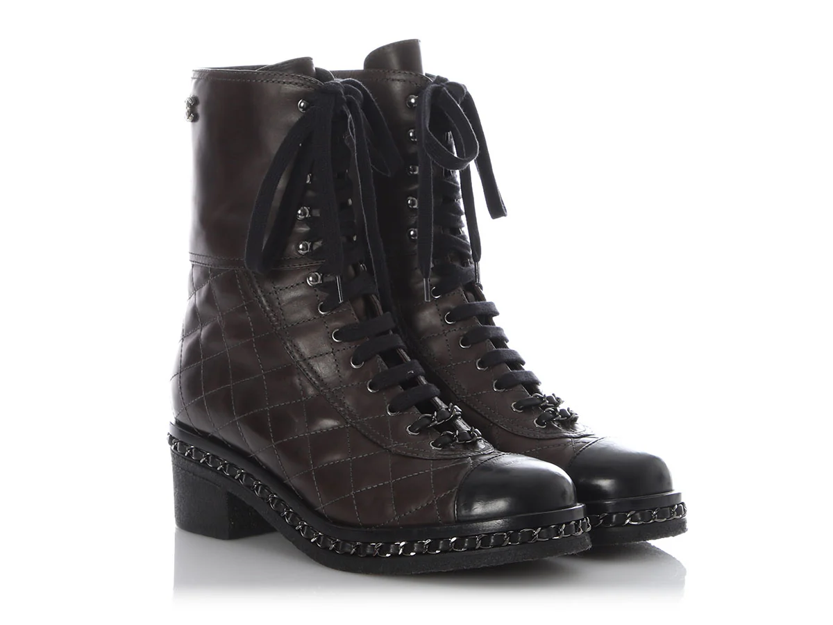 Chanel Dark Gray Diamond Quilted Chain Combat Boots - Image 5