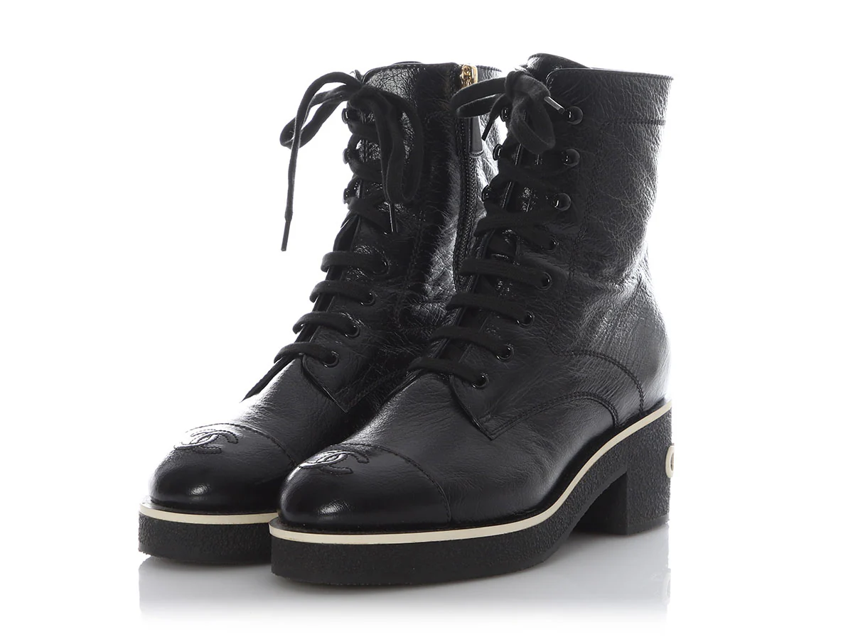 Chanel 2021 Black Leather Combat Boots - Image 3