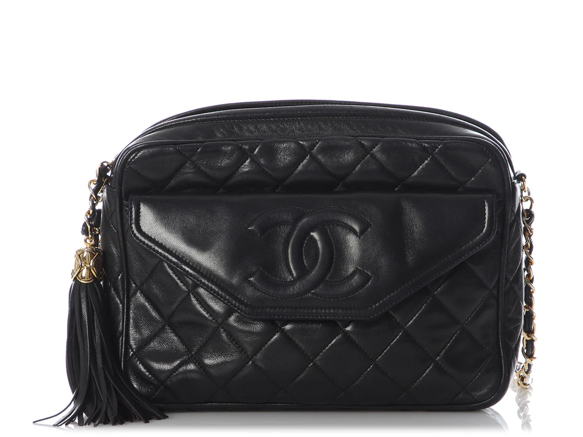 Chanel Vintage Black Quilted Lambskin Tassel Camera Bag