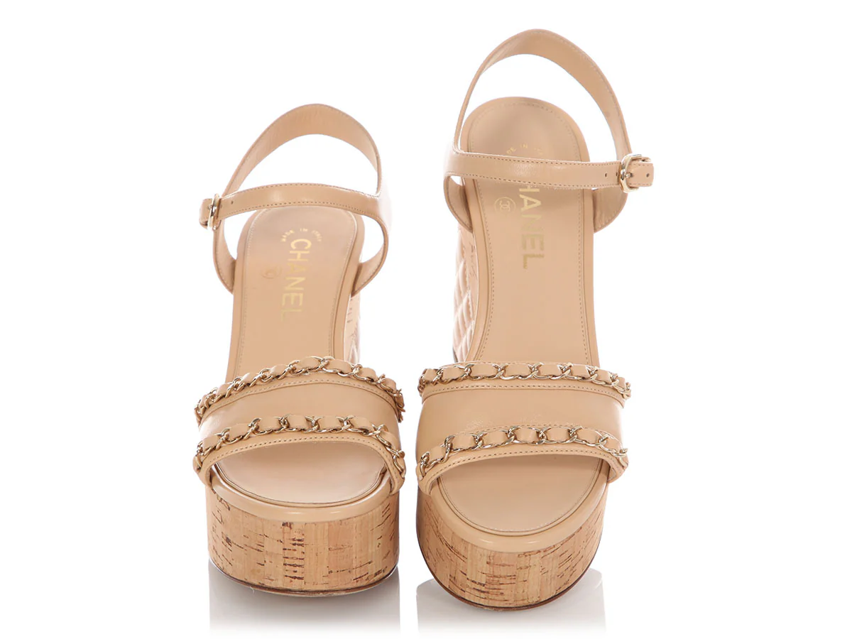 Chanel Beige Lambskin and Chain Cork Platform Sandals - Image 2