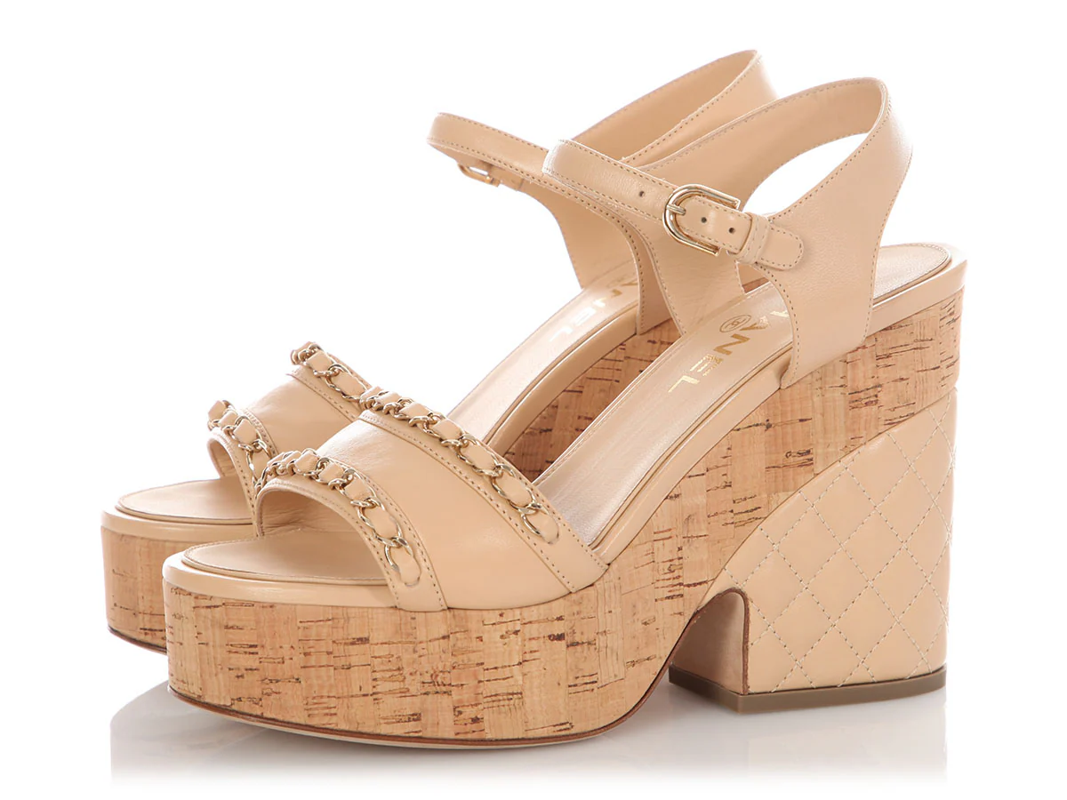 Chanel Beige Lambskin and Chain Cork Platform Sandals - Image 3