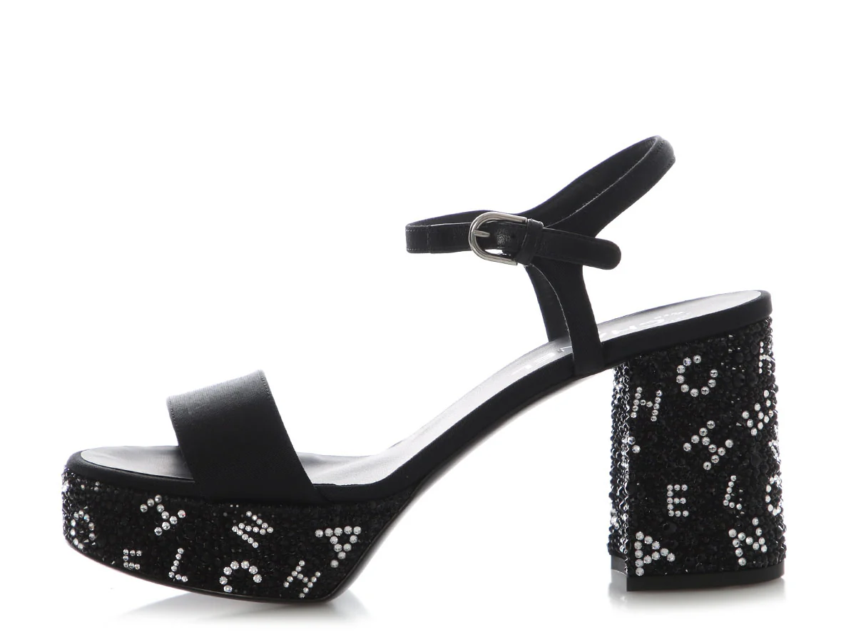 Chanel Black and Silver Crystal Platform Sandals